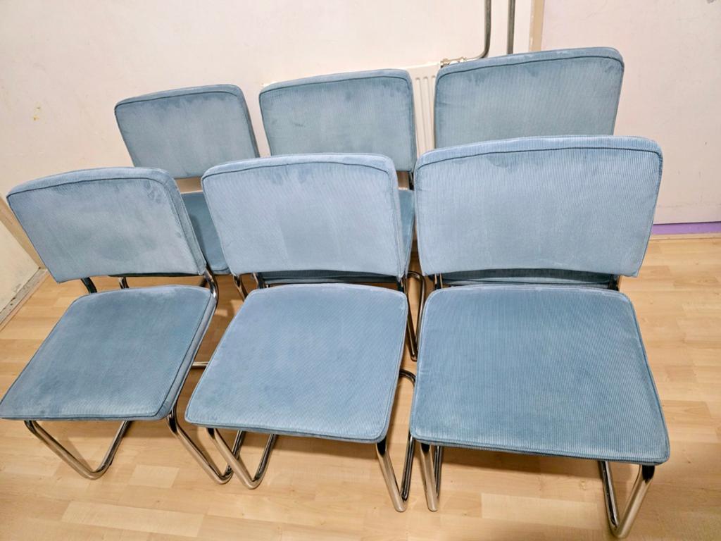 Zeer Nette Zuiver Ridge Rib Ribstof buisframe stoelen set 6x, Huis en Inrichting, Stoelen, Ophalen, Zo goed als nieuw, Blauw, Vijf, Zes of meer stoelen