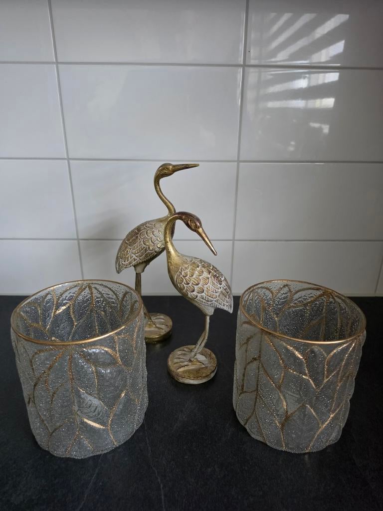 Mooie set van twee windlichten en twee kraanvogels, Huis en Inrichting, Woonaccessoires | Overige, Ophalen