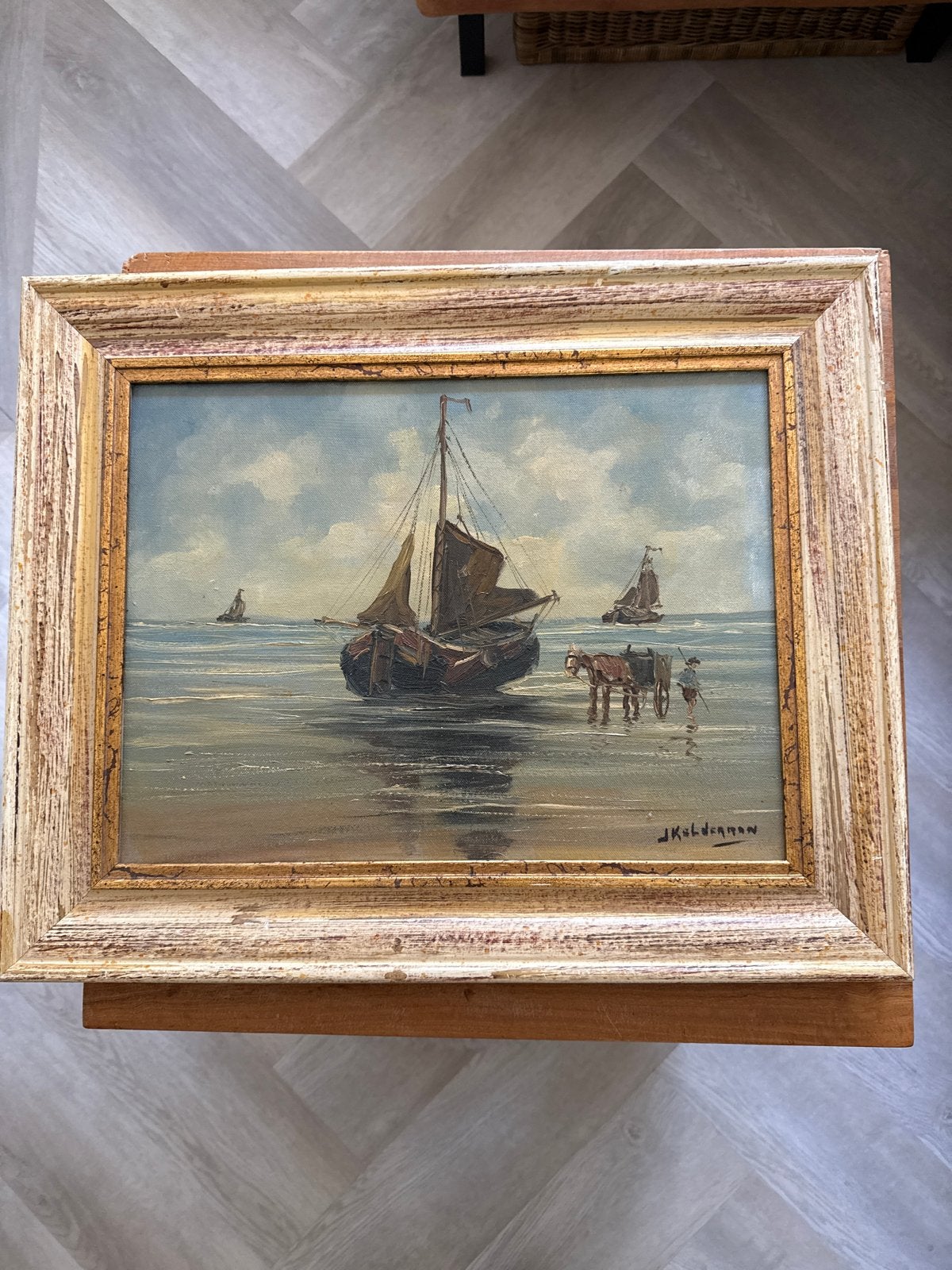 Maritiem schilderij van J. Kelderman  in lijst, Maritiem / water, Doek, Realistisch, Ophalen of Verzenden