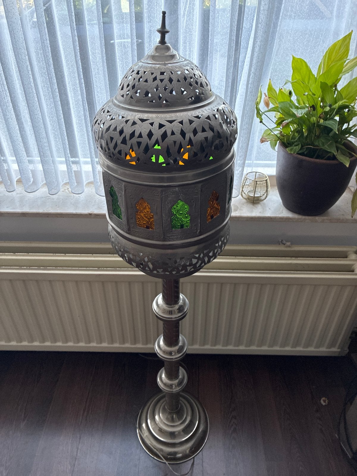 Oosterse vloerlamp met gekleurd glas, Gebruikt, 100 tot 150 cm, Metaal, E27 (groot)