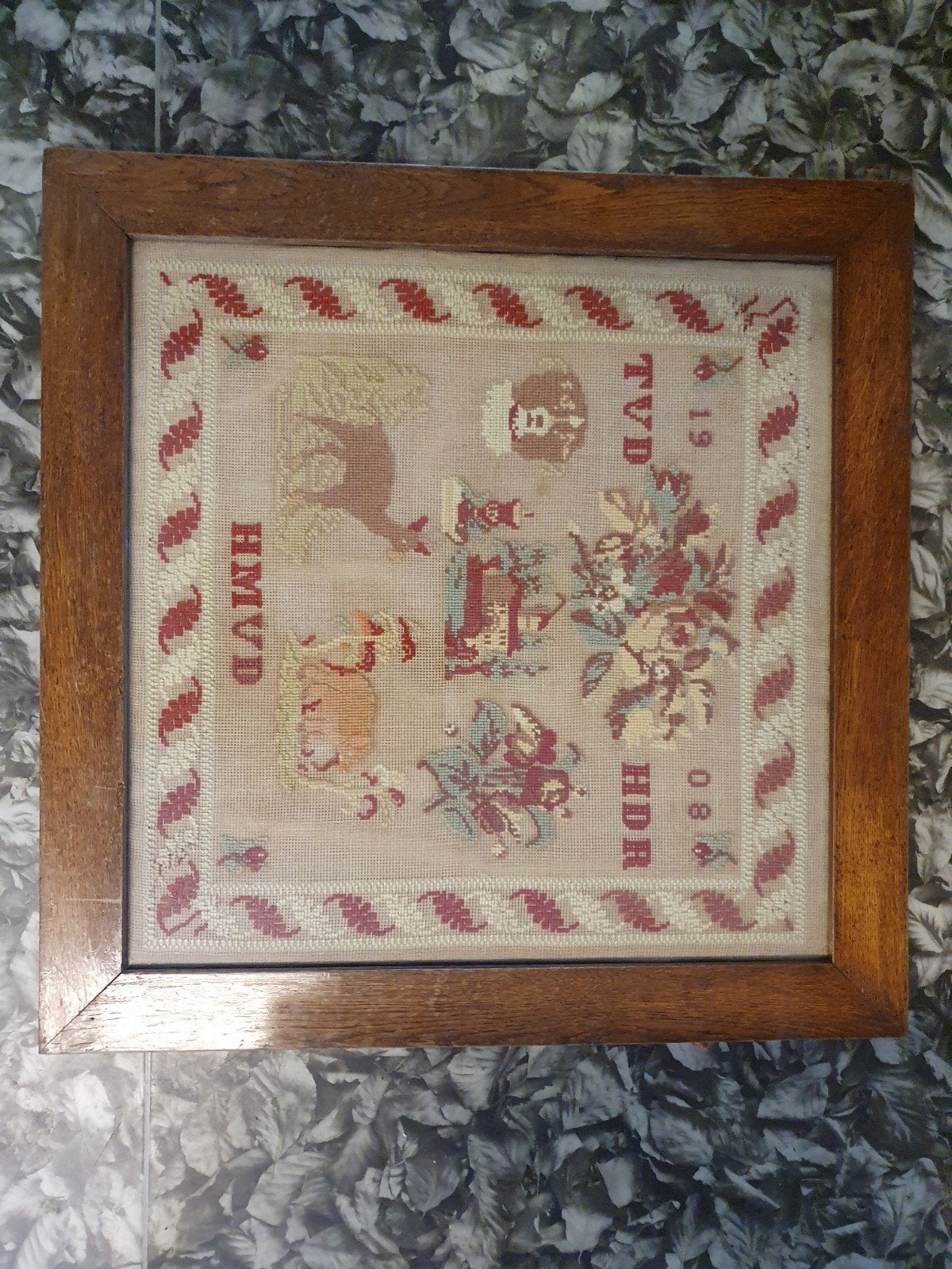 Antiek ingelijst borduurwerk, gedateerd 1908, Ophalen of Verzenden