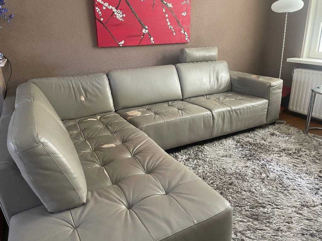Gratis lederen Montel hoekbank met loungebank en fauteuil., Ophalen, Gebruikt, Leer, Modern