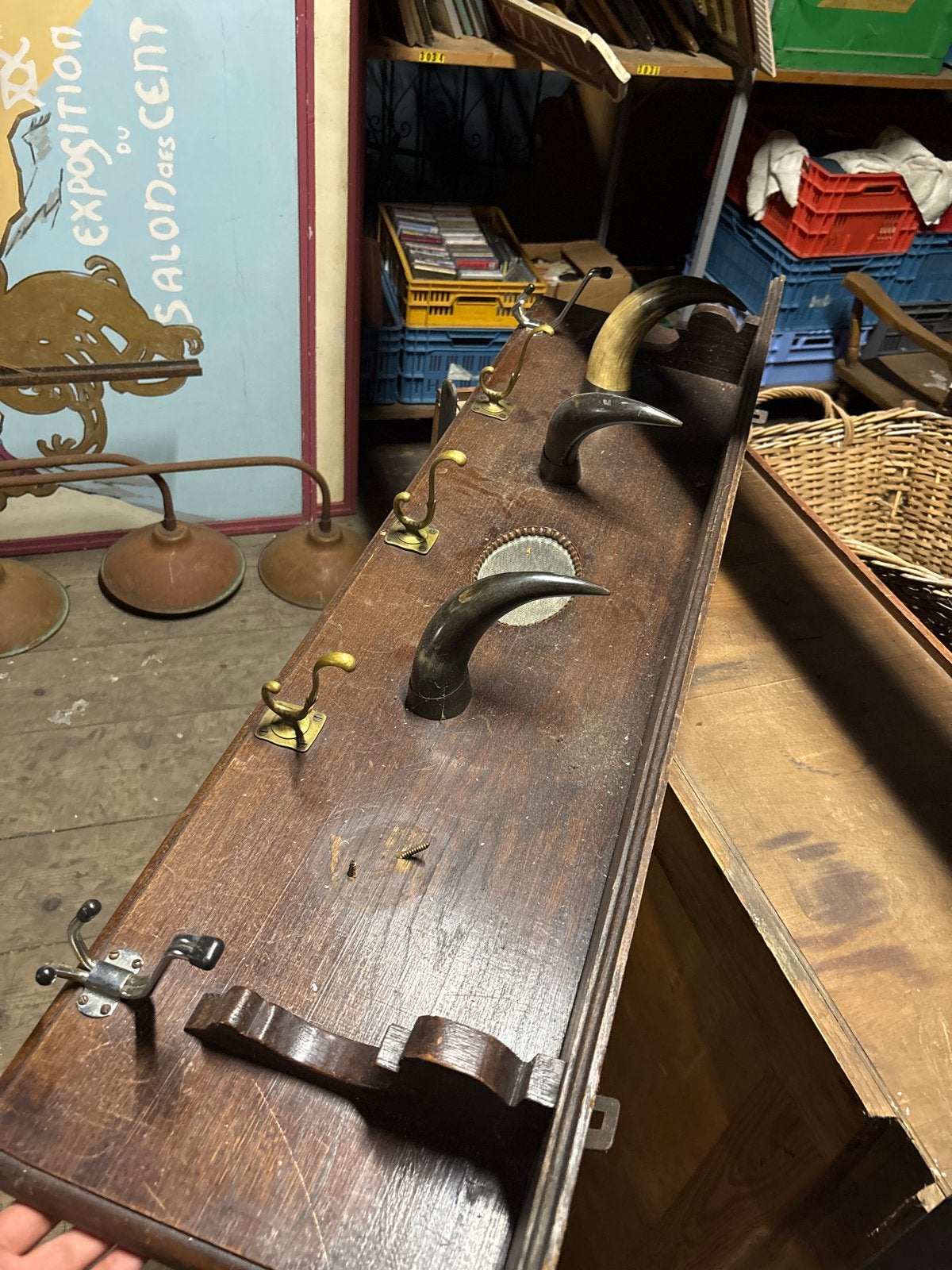 Antieke houten wandkapstok met hoorns en haken - opknapper, Gebruikt, Minder dan 100 cm, Hout, Ophalen