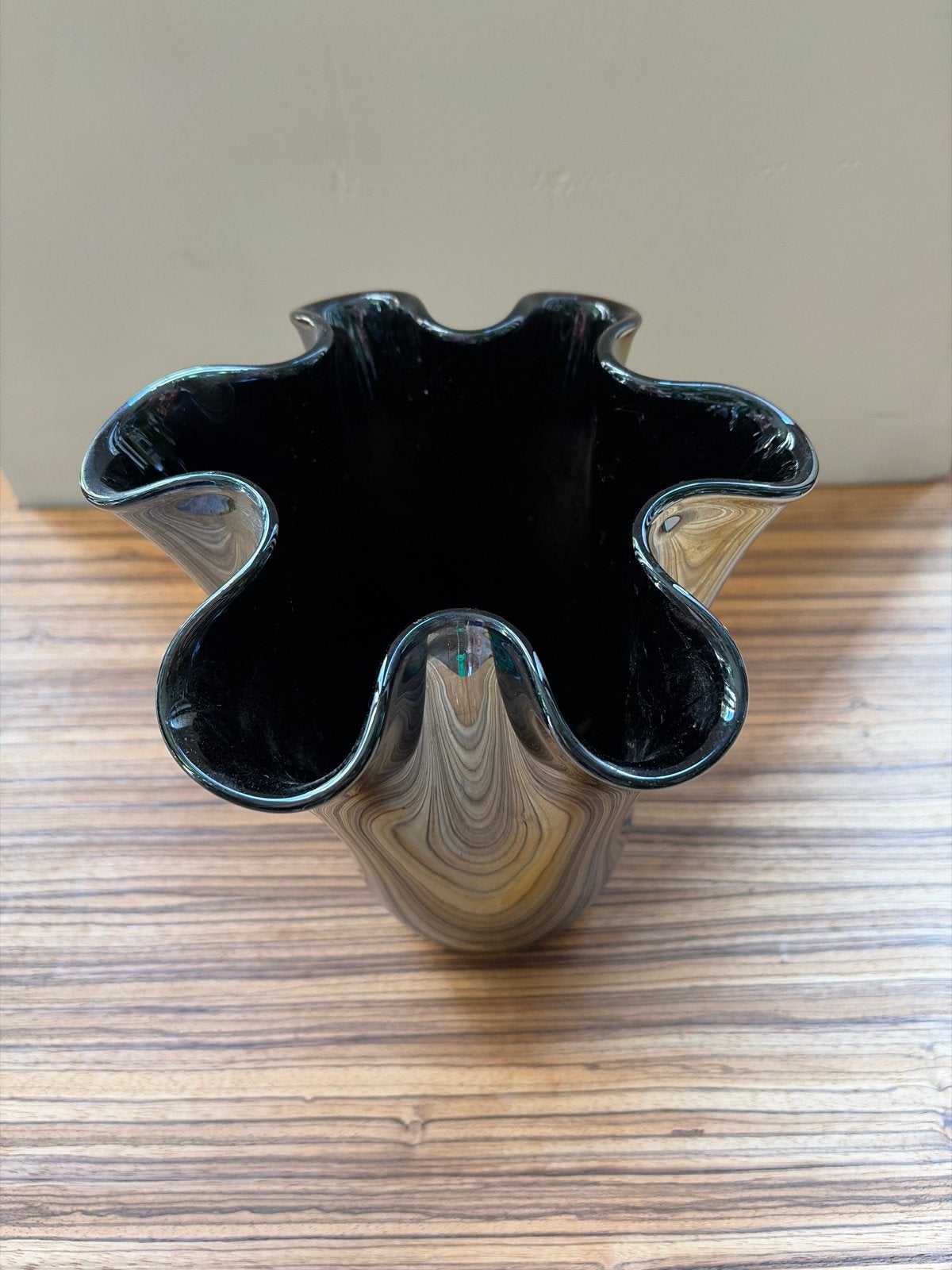 Unieke Murano vaas, zwart/zilver, golvende rand, Ophalen of Verzenden