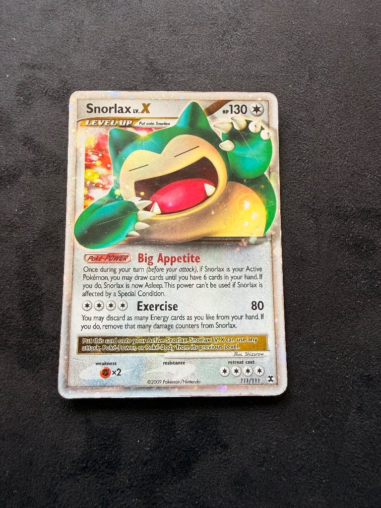 Pokemonkaart Snorlax LV.X (RR 111) 2009 Rising Rivals GD, Ophalen of Verzenden, Gebruikt, Losse kaart, Foil