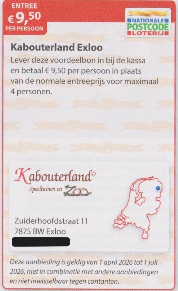Kabouterland. Exloo. entree € 9,50 p.p. Postcodeloterij bon., Tickets en Kaartjes, Recreatie | Pretparken en Attractieparken, Drie personen of meer
