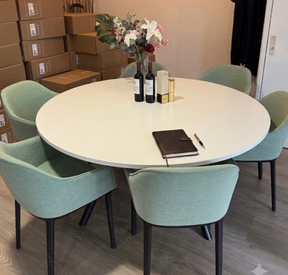 Ronde eettafel of vergadertafel kleur wit, Ophalen, 150 tot 200 cm, Rond, Zo goed als nieuw