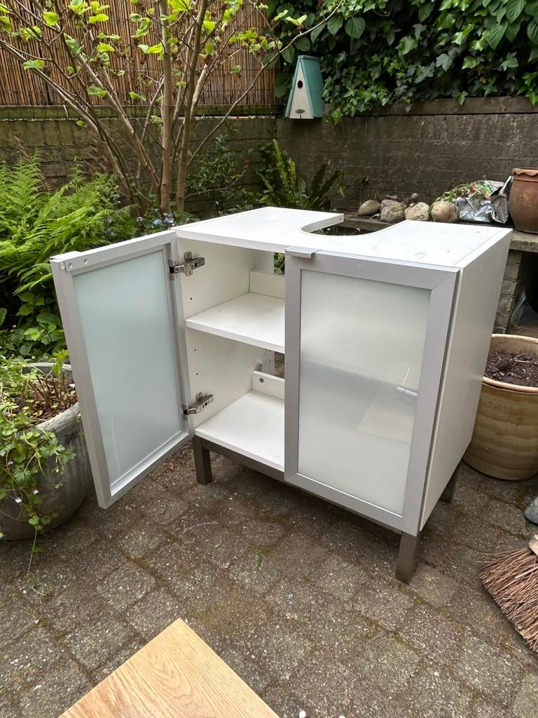 Wastafelkast met glas, eiken wastafelblad, hoge kraan waskom, Ophalen, Gebruikt, Hout, Overige typen