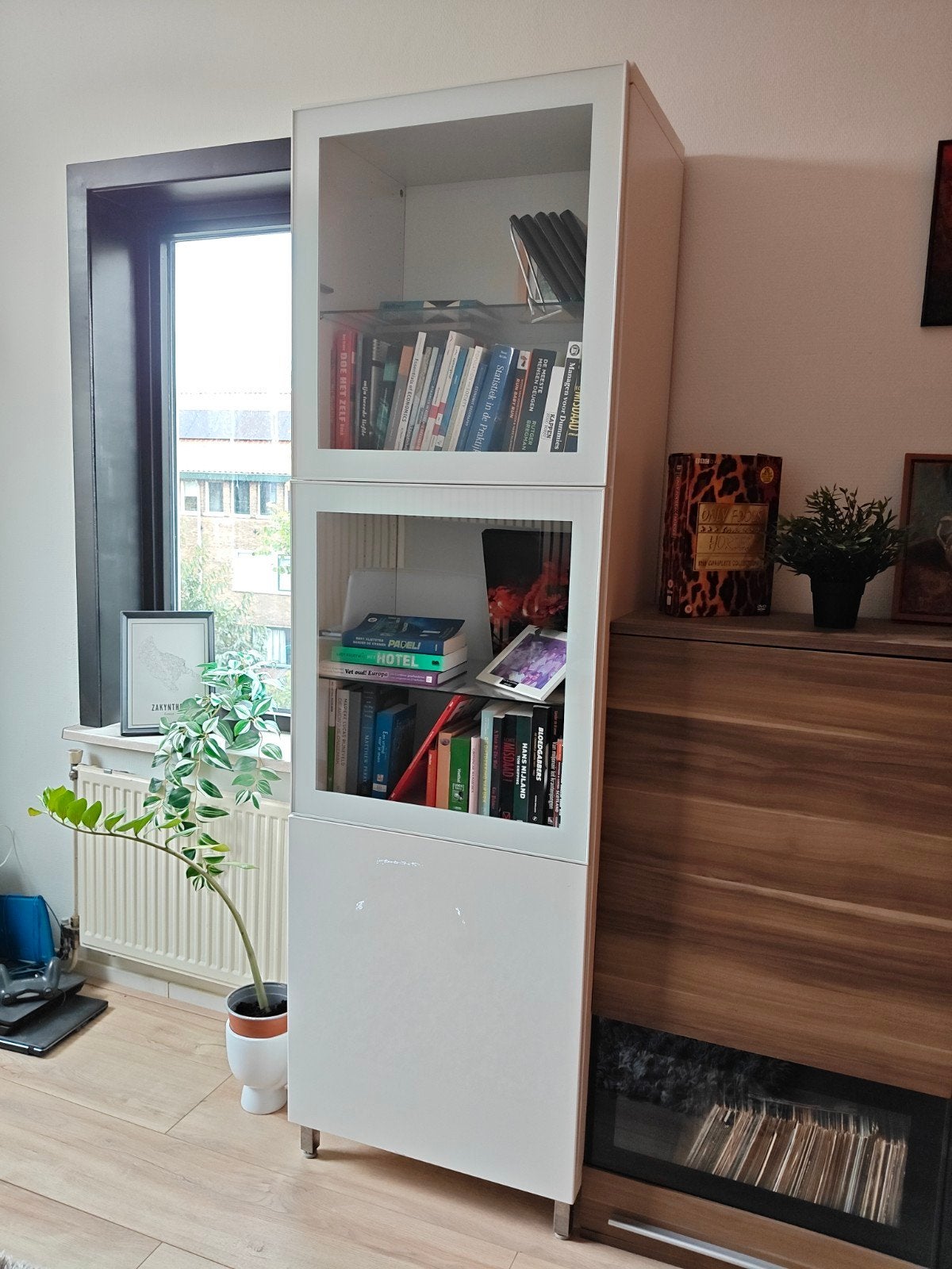 Witte kast met glazen deuren en planken, Minder dan 50 cm, 200 cm of meer, Ophalen of Verzenden, Modern