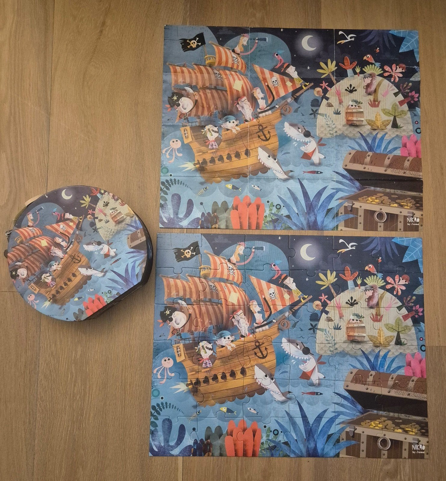 Janod puzzelkoffer voor kids (4-7) - 36 stukjes - piraten, Hobby en Vrije tijd, Denksport en Puzzels, Ophalen of Verzenden, Minder dan 500 stukjes
