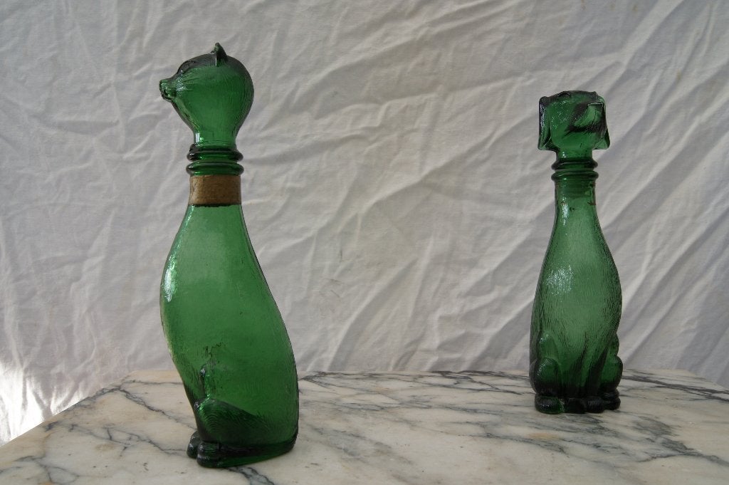 Groene flessen Kat  Hond  Empoli Kat Decanteer Karaf, Italië, Ophalen of Verzenden