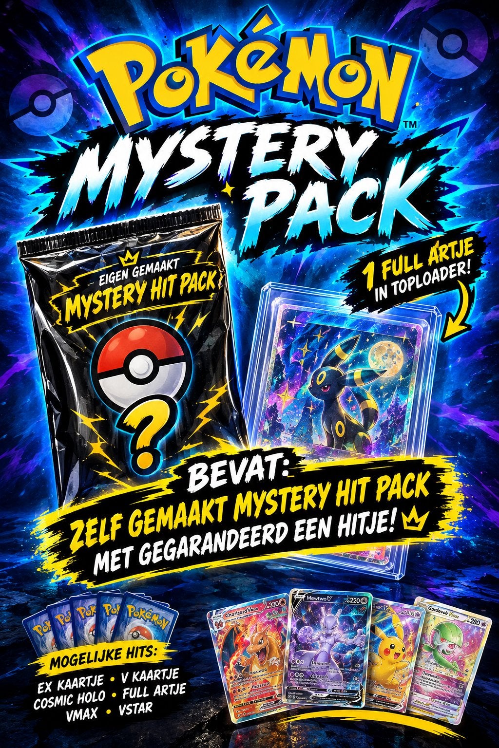 Pokémon Mystery Pack: Full Artje in toploader & 1 hitpack, Ophalen of Verzenden, Nieuw, Meerdere kaarten, Foil