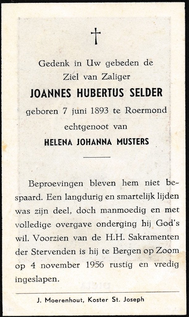 Selder Joannes 1893 Roermond 1956 Bergen op Zoom, Ophalen, Bidprentje