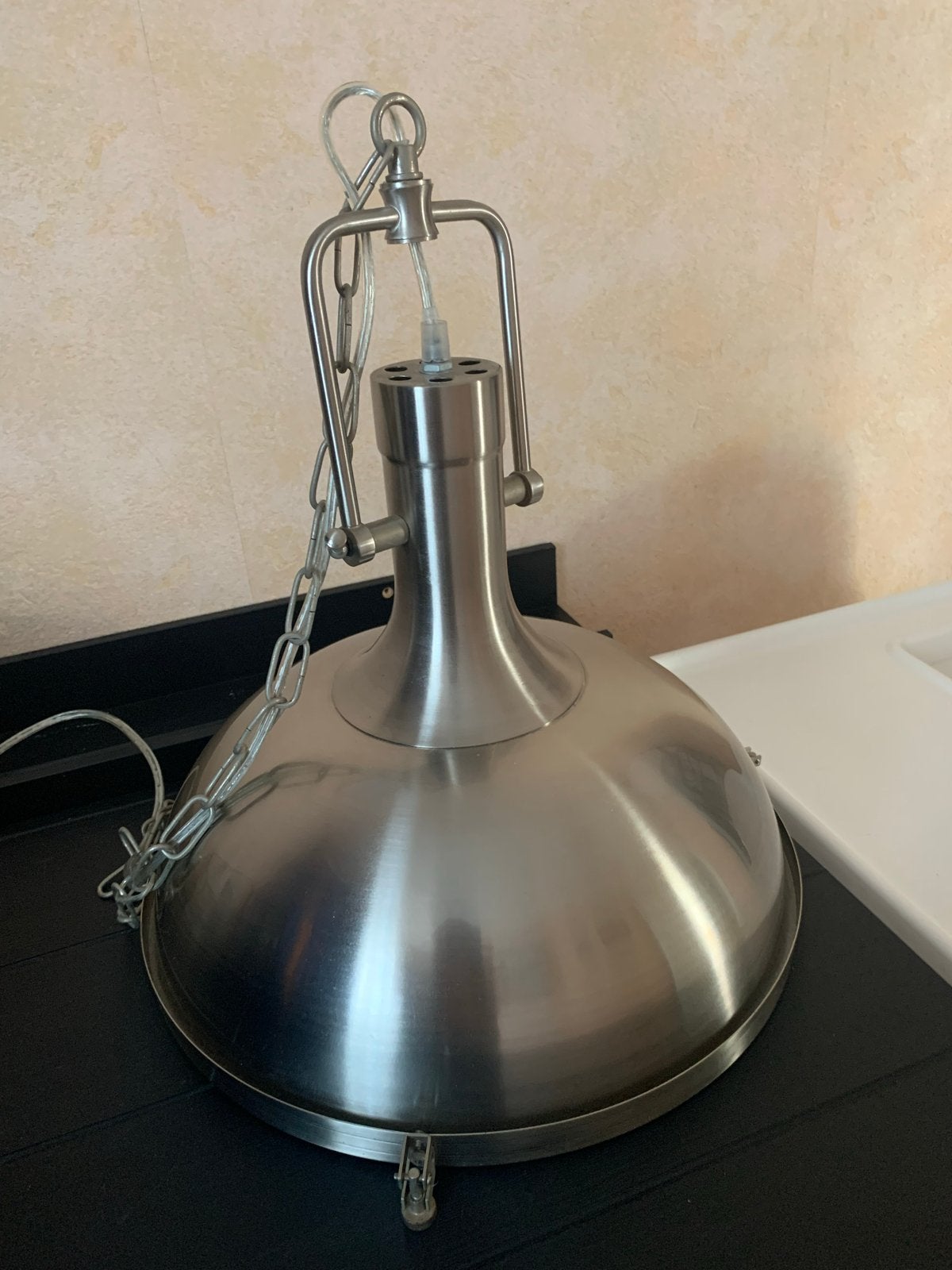 Moderne RVS Hanglamp met Melkglas Diffuser, Huis en Inrichting, Lampen | Hanglampen, Ophalen, Gebruikt, Metaal
