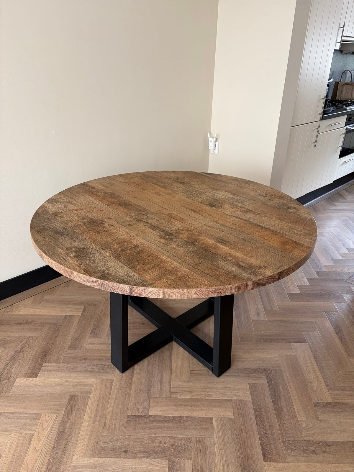 Eettafel & 3 Salontafels Mangohout Look Rond, Ophalen, 50 tot 100 cm, 100 tot 150 cm, Rond
