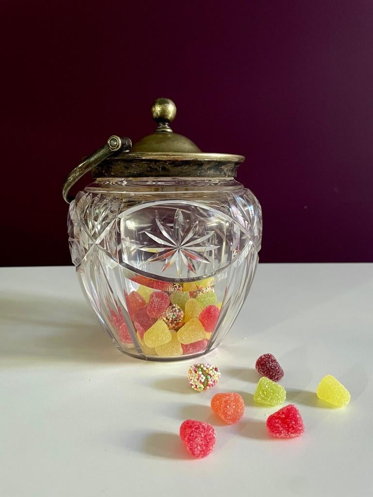 Glas koektrommel ("biscuit barrel") - verzilverd, Antiek en Kunst, Ophalen of Verzenden
