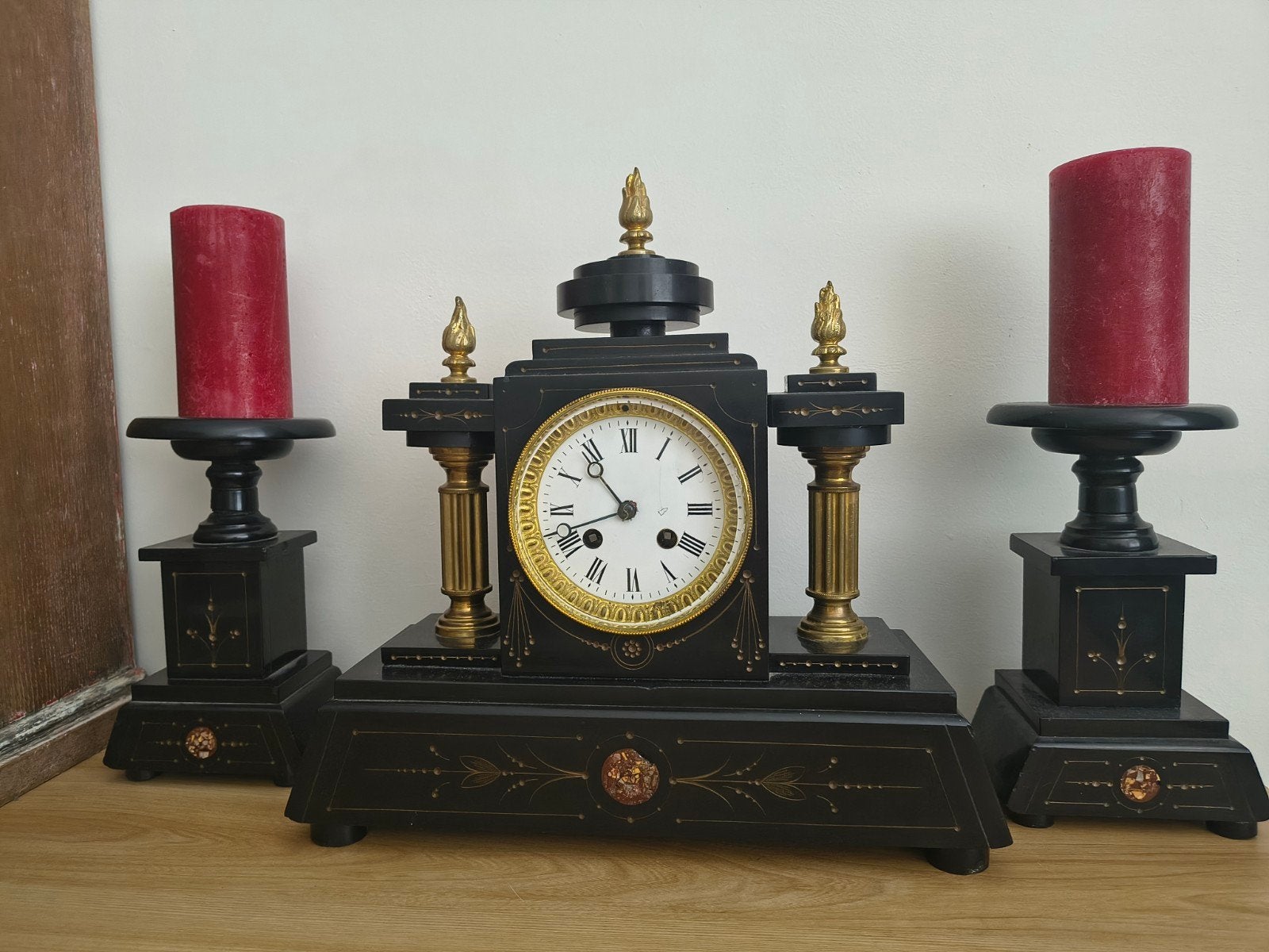 Franse pendule, zwart marmer, Antiek en Kunst, Ophalen