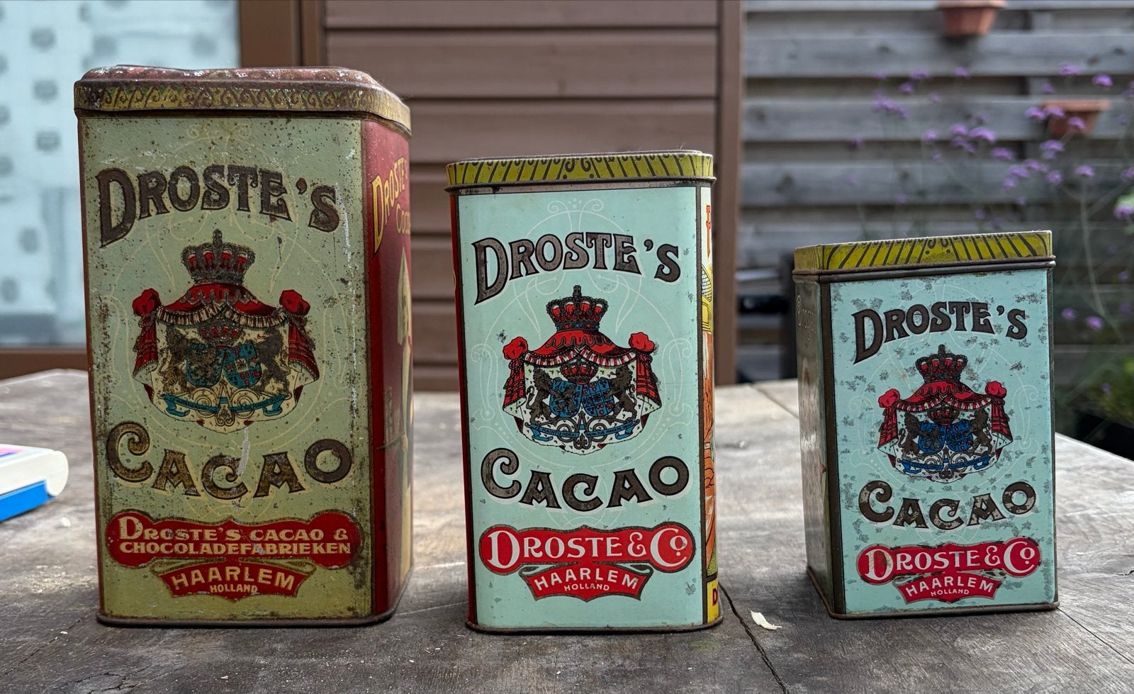Set van 3 Antieke Droste Cacao Blikken - Diverse Maten, Verzamelen, Ophalen of Verzenden, Gebruikt, Overige, Droste