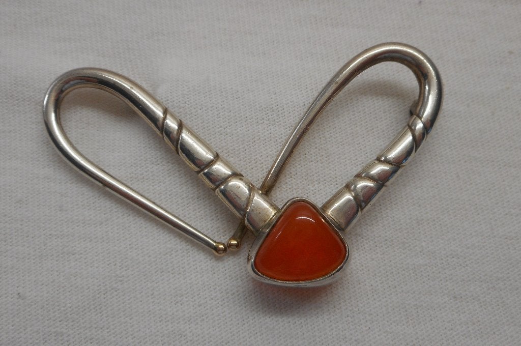 Zilveren modernist broche met goud en rode steen nr.2026, 4 tot 7 cm, Verzenden, Zo goed als nieuw, Zilver