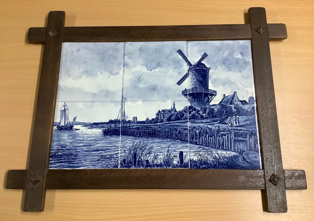 Delfts Blauw - Hollands molenlandschap - tableau, Antiek en Kunst, Ophalen of Verzenden