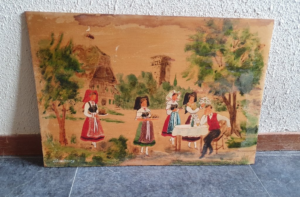 Vintage beschilderd paneel Strasbourg – gesigneerd FEA, Ophalen of Verzenden