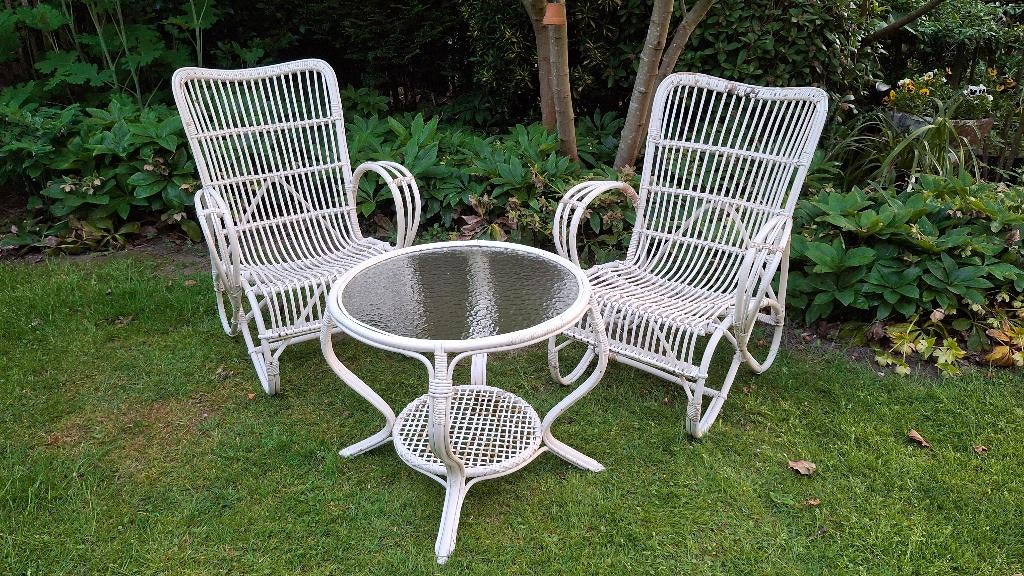 Vintage Frans design rotan salon / tuinset, Tuin en Terras, Tuinsets en Loungesets, Ophalen, Teakhout, 2 zitplaatsen