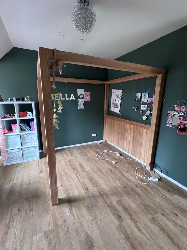 Hemelbed ombouw van eikenhout, Huis en Inrichting, Slaapkamer | Bedden, Gebruikt, Tweepersoons, 180 cm, 200 cm, Hout, Bruin, Ophalen of Verzenden