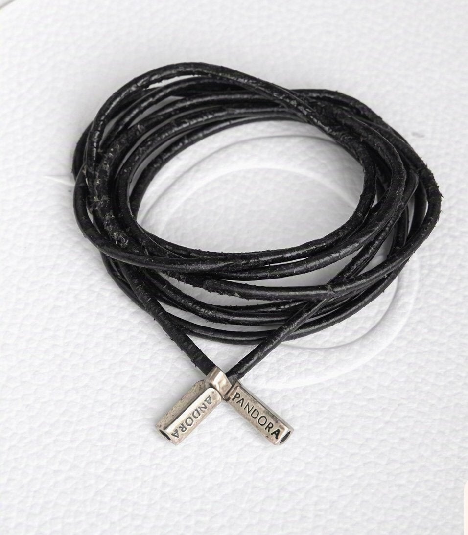 Pandora zwarte leren ketting met zilveren uiteinden 100 cm, Ophalen, Gebruikt, Zilver, Leer