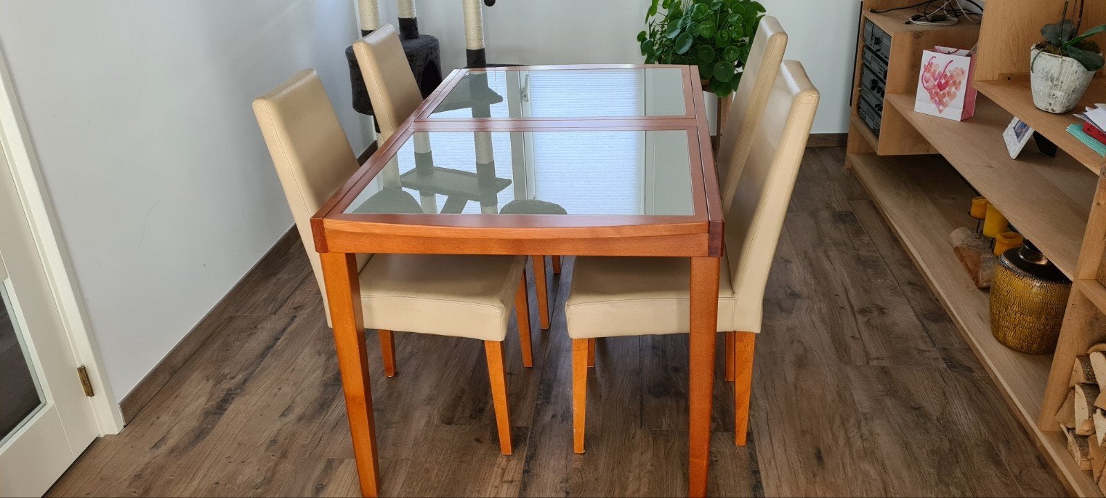 Uitschuifbare eettafel met glazen blad, Huis en Inrichting, Tafels | Eettafels, Ophalen, Gebruikt, 100 tot 150 cm, Glas