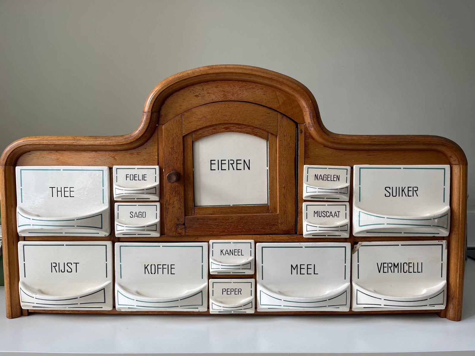 Vintage kruidenrek met porseleinen lades, Ophalen of Verzenden
