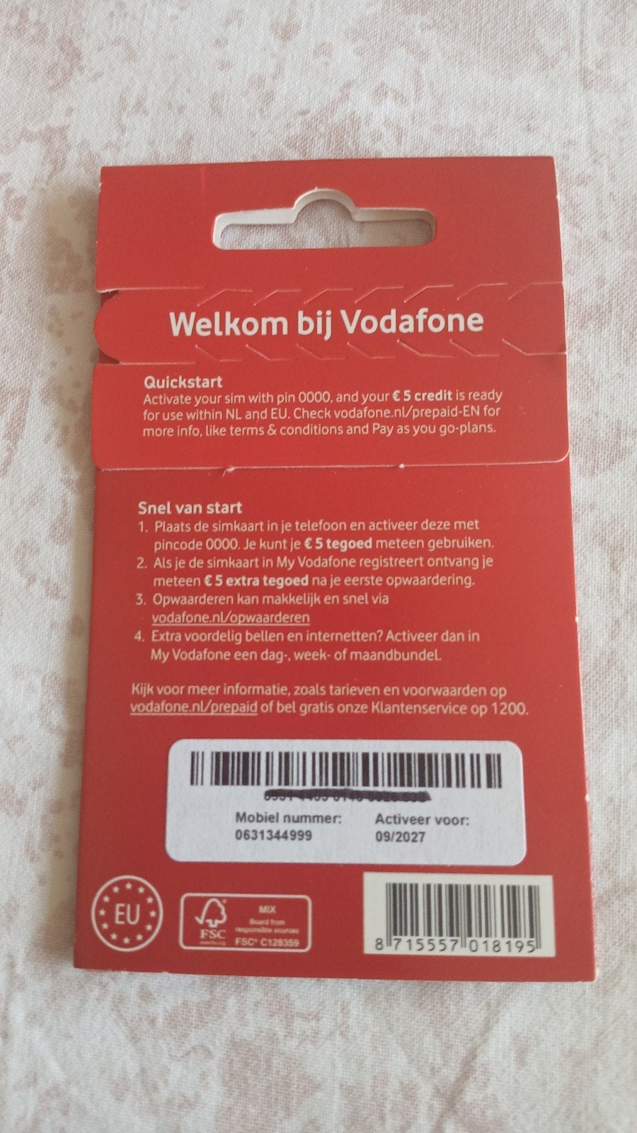 MOOI NUMMER VODAFONE PREPAID 0631344999, Telecommunicatie, Prepaidkaarten en Simkaarten, Ophalen of Verzenden, Nieuw, Vodafone