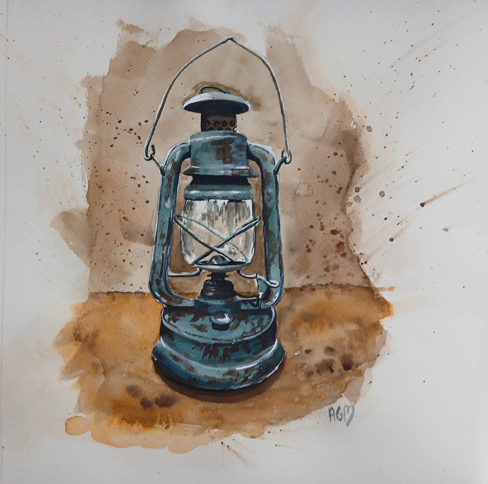 Aquarel oude stallamp lantaarn, Ophalen of Verzenden