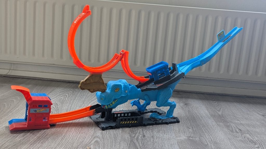 Hot Wheels Blauwe T-Rex Dinosaurus Racebaan met Looping, Kinderen en Baby's, Speelgoed | Racebanen, Ophalen, Racebaan, Zo goed als nieuw
