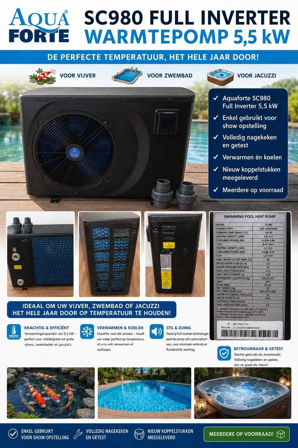 Aquaforte SC980 Full Inverter Warmtepomp 5,5 kW demomodel, Ophalen, Zo goed als nieuw, Verwarming