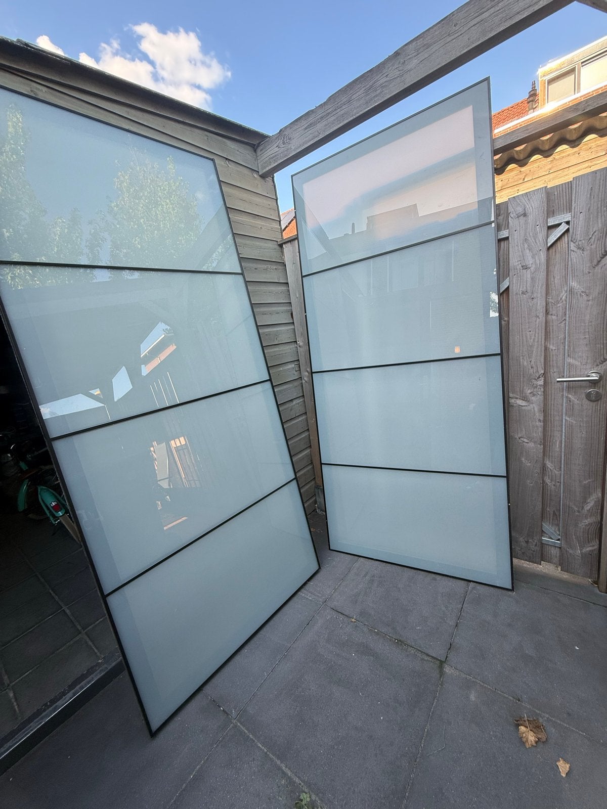 Ikea PAX glazen schuifdeuren (2x) met aluminium profielen, Ophalen, 80 tot 100 cm, 215 cm of meer, Binnendeur