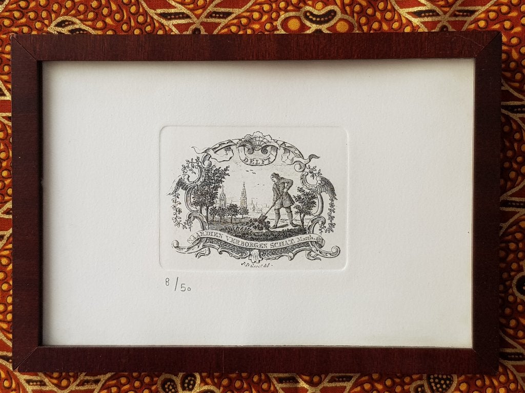 Mooie originele oude ingelijste ets van Delft 18,7 cm.