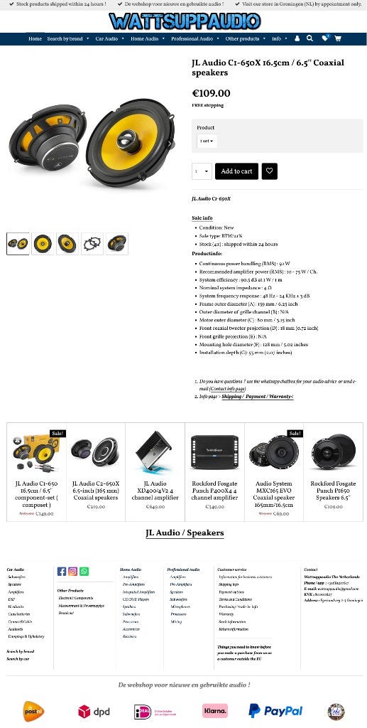 JL Audio C1-650X 16.5cm / 6.5'' Coaxial speakers / Auto, Auto diversen, Autospeakers, Hifi-Focus, Aalsmeerderweg 173 1432 CL, Aalsmeer