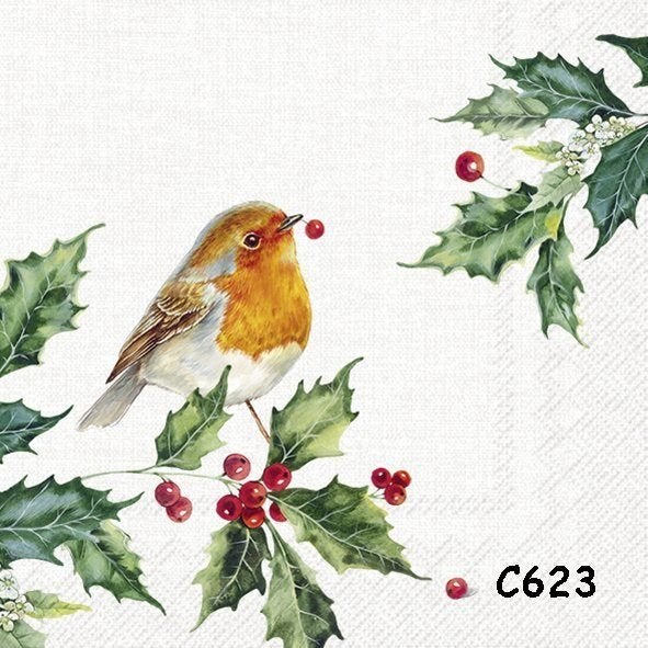 Servetten decoupage/bullet journal – roodborstje hulst C623, Verzenden, Nieuw
