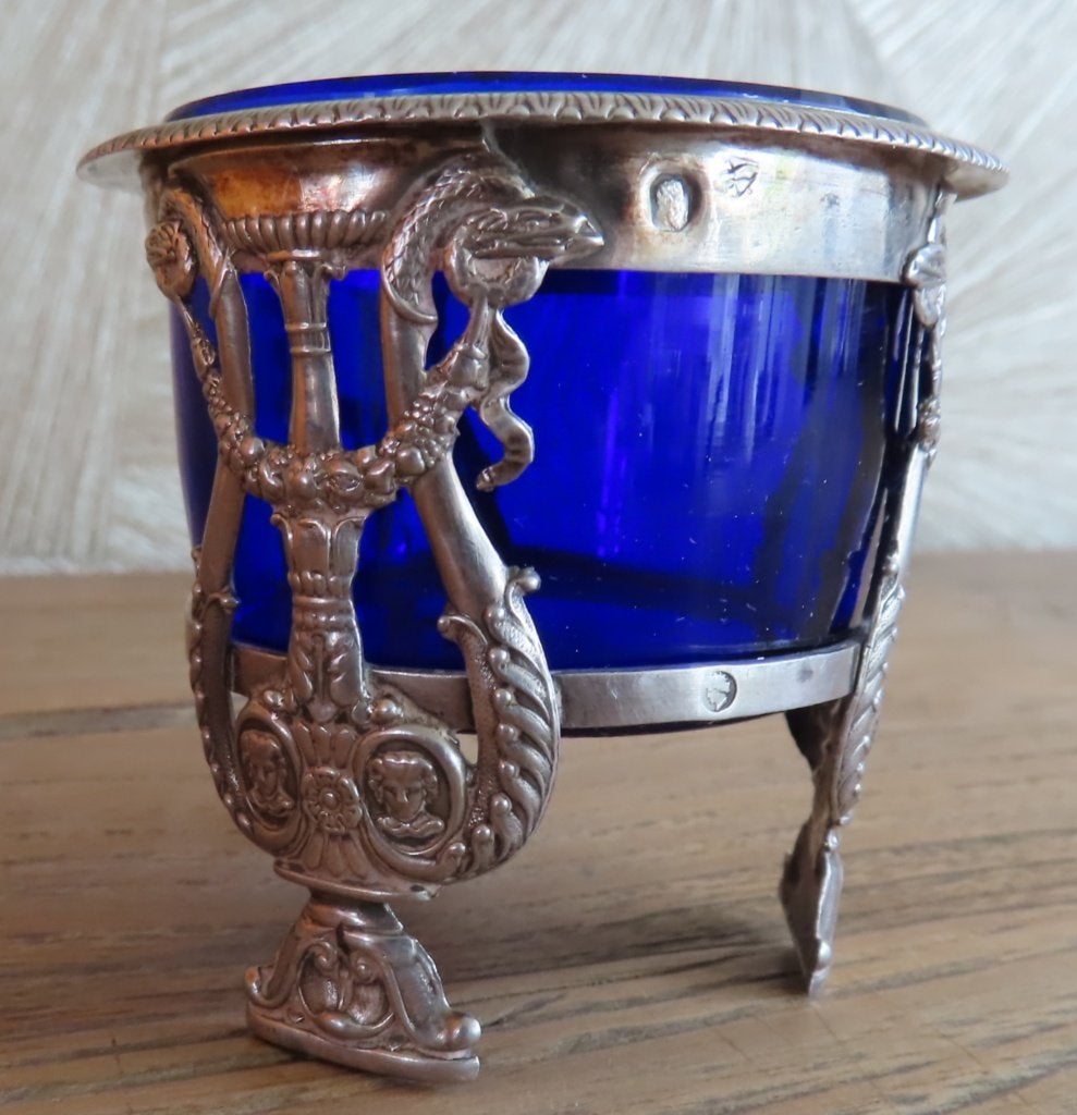 Koopje! Antieke zilveren zoutkelder/ kobaltblauw glas, incl, Verzenden, Zilver