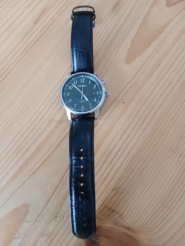 Seiko Kinetic 100M Herenhorloge - Zwart Leer, Sieraden, Tassen en Uiterlijk, Horloges | Heren, Ophalen of Verzenden