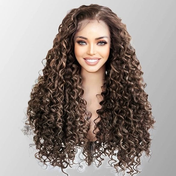 Swiss lace front pruik lang haar bruinmix met spiraalkrullen, Ophalen of Verzenden, Nieuw, Pruik of Haarverlenging