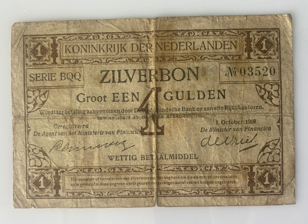 Unieke Zilverbon 1 Gulden (1 oktober 1918) Serie BOQ  03520, Ophalen of Verzenden, 1 gulden, Los biljet