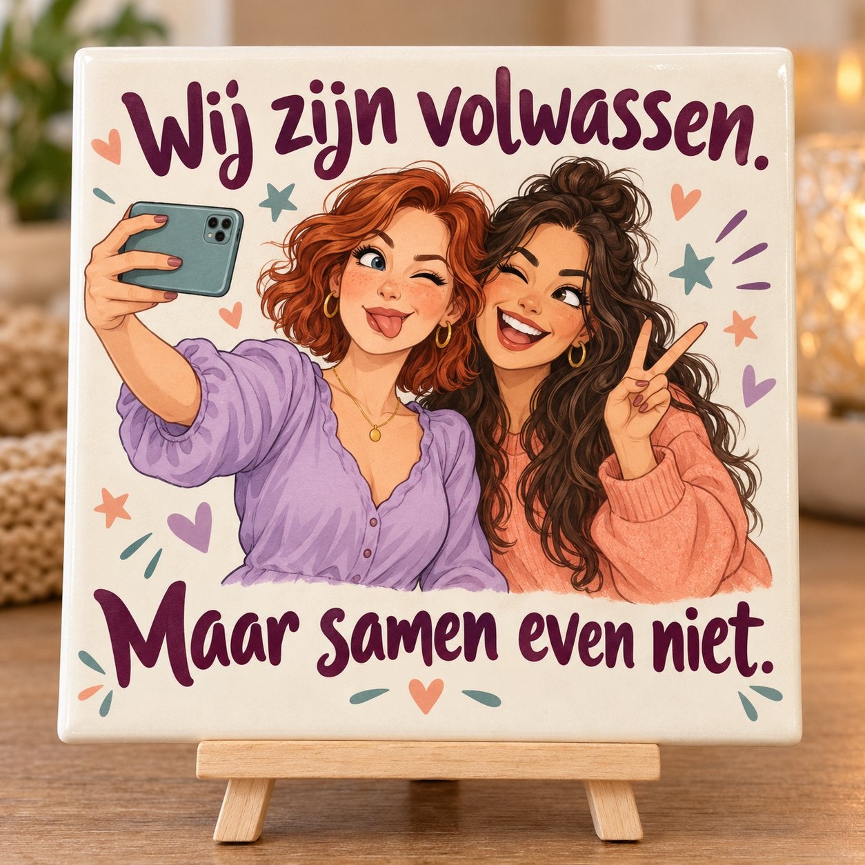Tegeltje Vriendschap: Wij zijn volwassen, maar samen even ni, Inclusief standaard, Verzenden, Nieuw, 11 cm