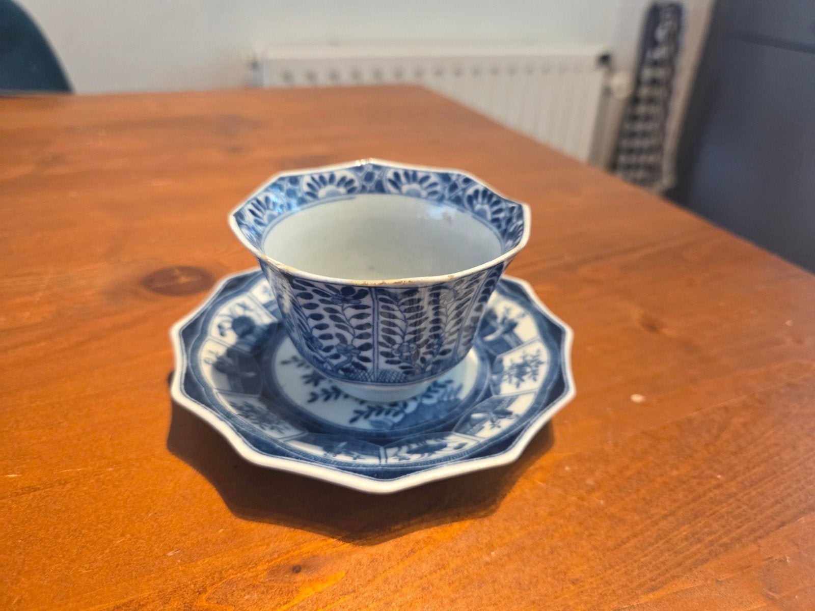 Antieke Chinese porseleinen kop en schotel, blauw-wit, Ophalen of Verzenden