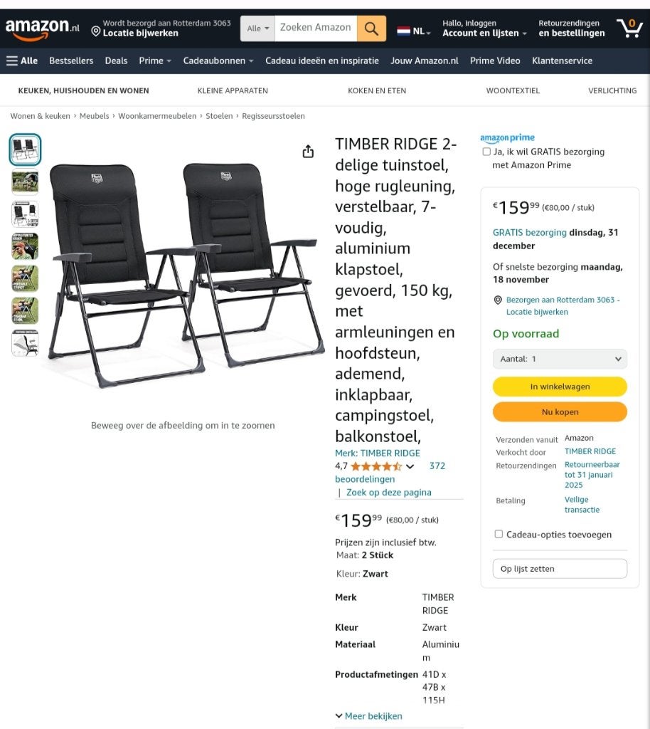 TIMBER RIDGE Folding Chair – Like New, Tags Attached, Ophalen, Zwart, Zo goed als nieuw, Metaal
