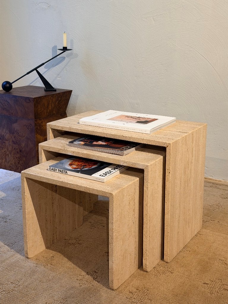 Set van 3 Travertin Salontafels / Nesting Tables, Huis en Inrichting, Overige materialen, Minder dan 55 cm, Zo goed als nieuw
