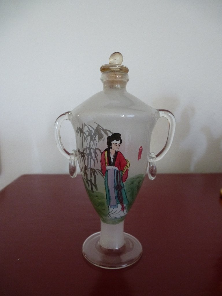 Antiek parfumflesje met Japanse afbeeldingen, Verzamelen, Verzenden, Zo goed als nieuw, Parfumfles