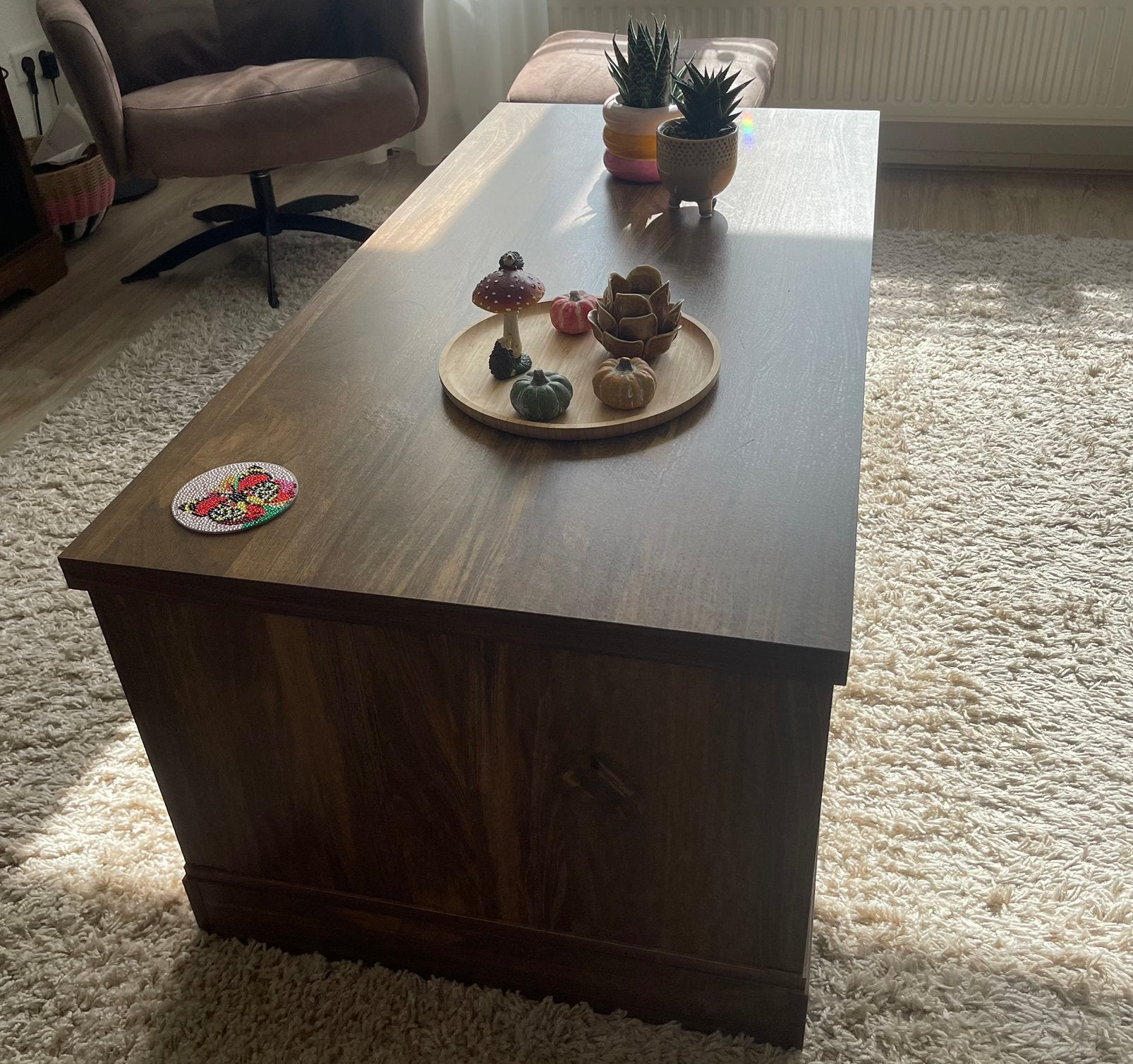 Notenkleur fineer houten salontafel, Ophalen, Gebruikt, 100 tot 150 cm, 50 tot 100 cm