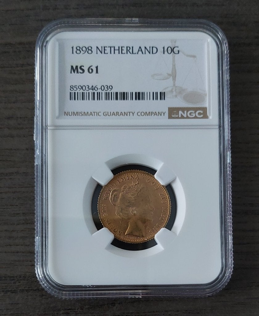 Schaarse 10 gulden 1898 goud in slab NGC MS 61, Postzegels en Munten, Ophalen of Verzenden, Koningin Wilhelmina, 10 gulden, Goud