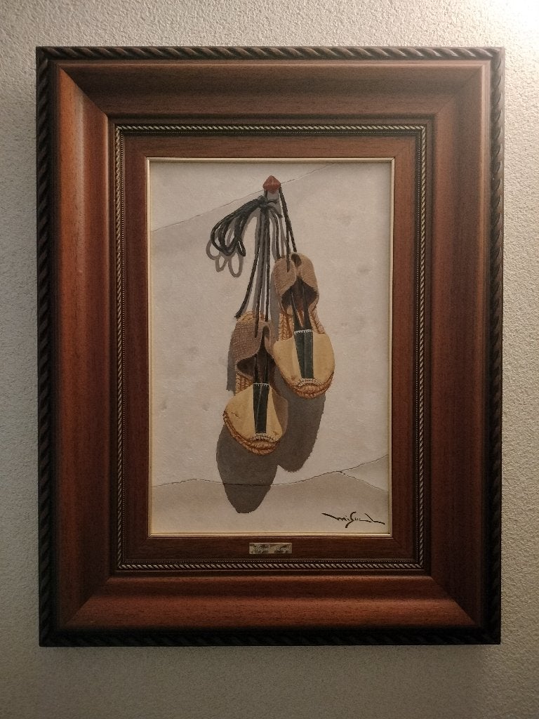 Schilderij Espadrilles, Antiek en Kunst, Doek, Realistisch, Stilleven, Ophalen of Verzenden